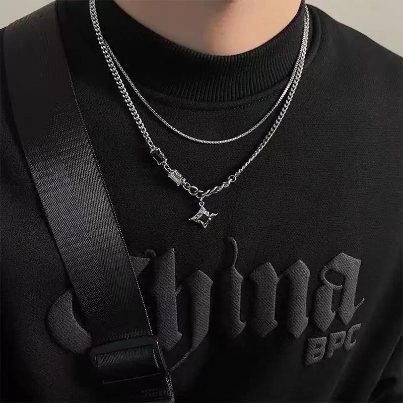 Mangxing Double-layer Necklace Men's Trendy Sweater Chain Light Luxury Niche Design Hip-hop Style Couple Boys and Women's Collarbone Chain