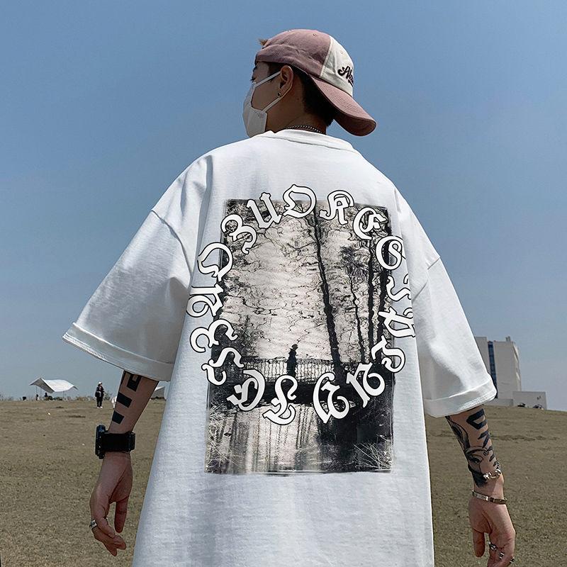 

Американская модная хлопковая футболка с короткими рукавами, мужская летняя футболка, свободная подростковая верхняя одежда с половиной рукава 4XL белый