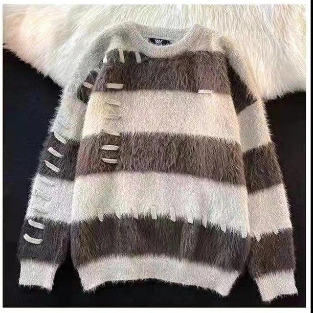 Женский полосатый свитер 2023 зимняя мода корейский стиль свободный вязаный топ с длинными рукавами повседневный женский уличный пуловер новый M кофейный 2496₽