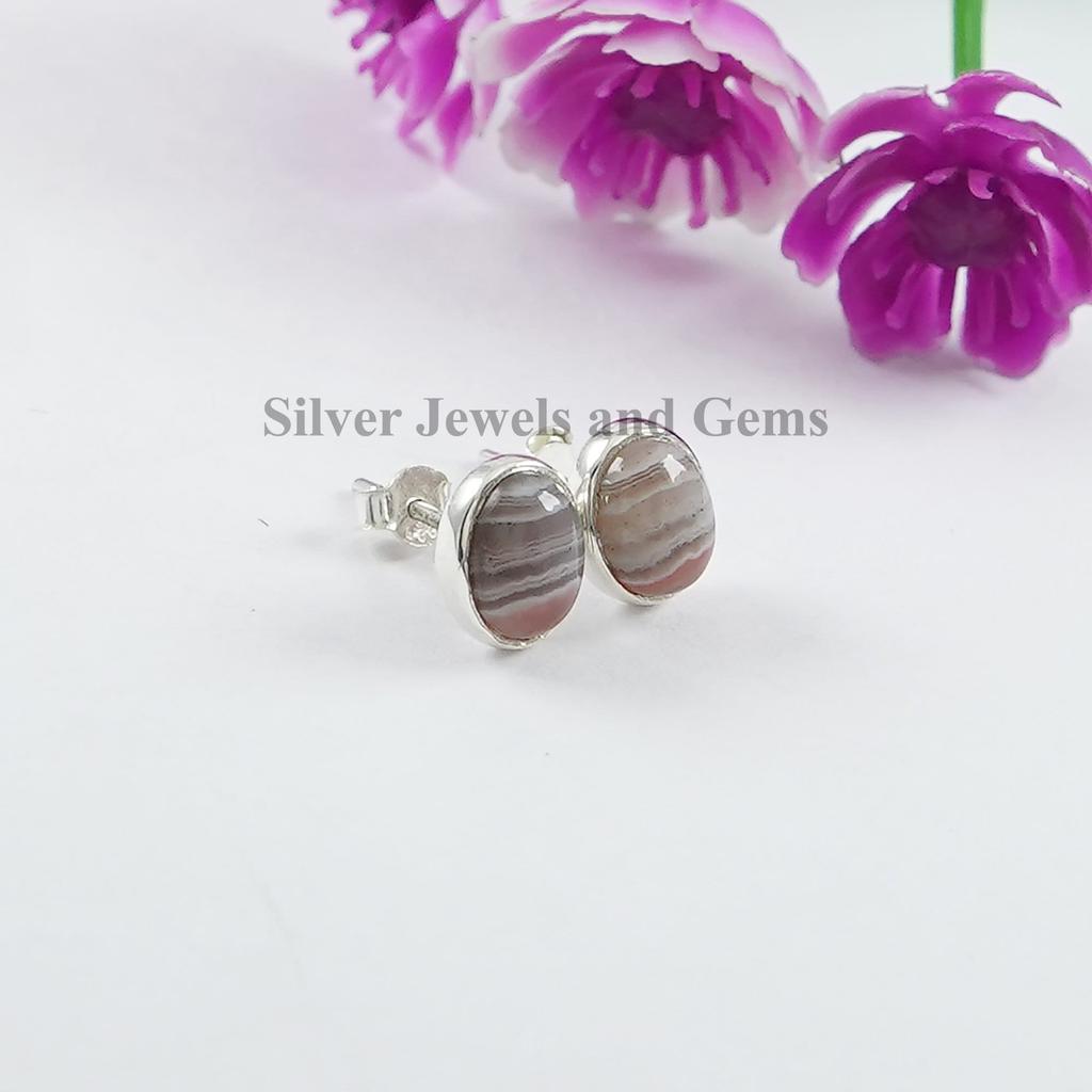 Botswana Agate Stud Earrings, Oval Agate Stud Earrings, 925 Sterling Silver Earrings, Anniversary Earrings, Gemstone Studs, Gift for Her