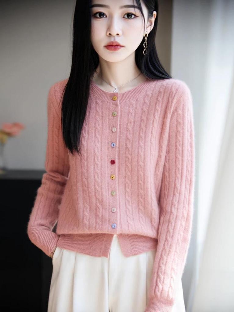 Women's 100% Pure Wool Cardigan with Colorful Buttons, Cable Knit, Loose Fit, Round Neck, Long Sleeve Base Layer Sweater