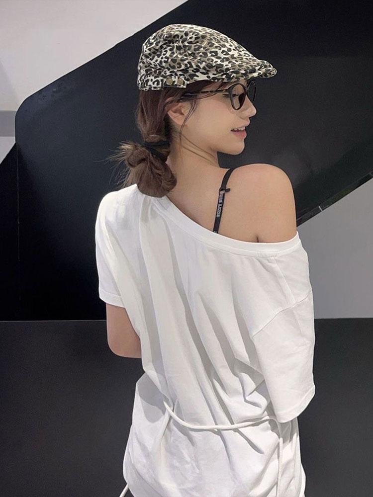 T-shirt Bianca Y2k Vintage Oversize Scollo a Barca Manica Corta Con Stampa Donna Casual Grafica Top Estivo Farfalla T-shirt