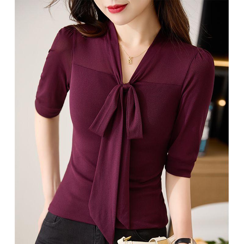 Chic and Elegant Mesh V-neck Short Sleeve Blouse for Women with Big Size That Covers The Abdomen and Highlights Slimming Effect