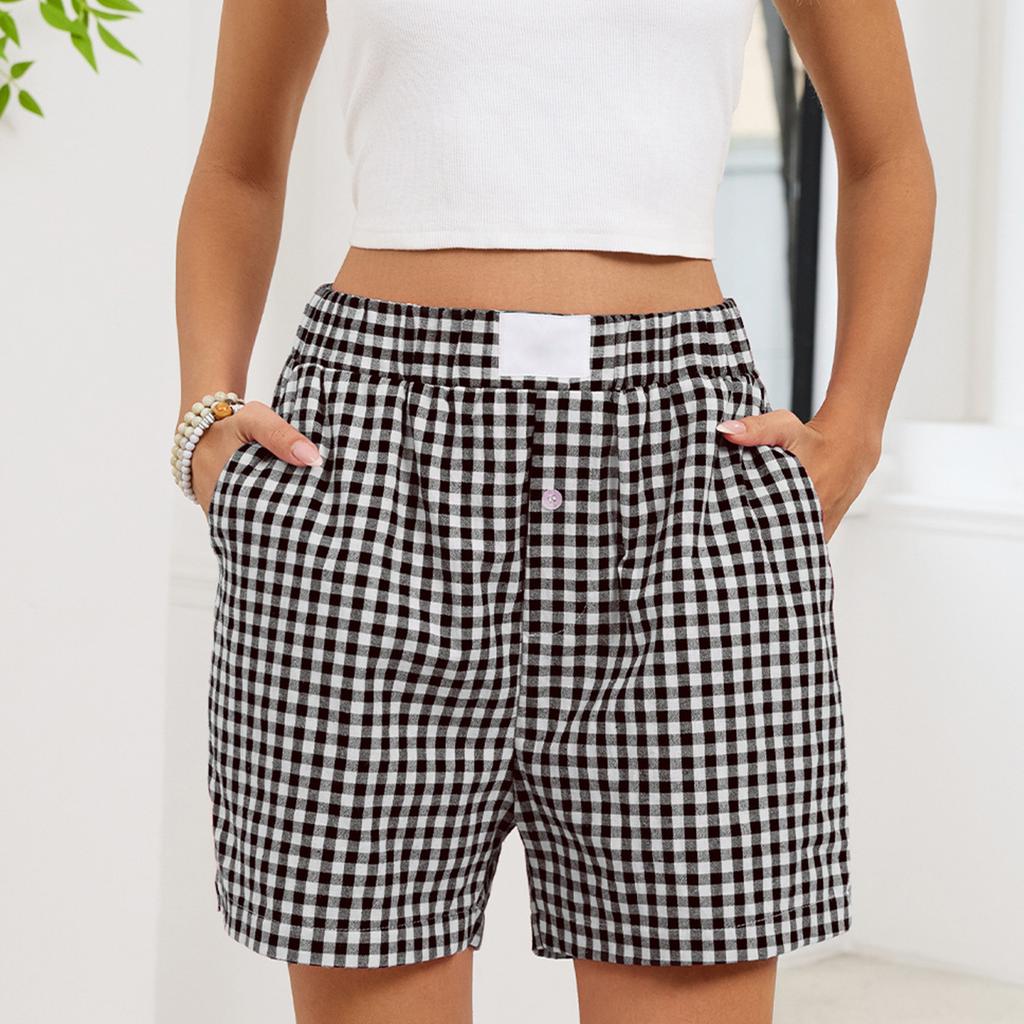 Women's Summer Casual Plaid Pocket Shorts Boxers Beach Pants Shorts