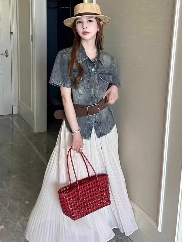 

Korean Style High Waist Pleated Midi Skirt - Summer Casual Over-the-Knee for Mature Women Large грязно-белый