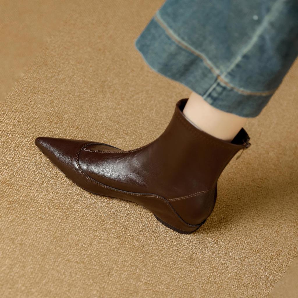 French Stretch Slimming Boots: Autumn/Winter Fleece-lined, Retro Style, Soft Leather, Inner Height Increase, Back Zipper Short Boots