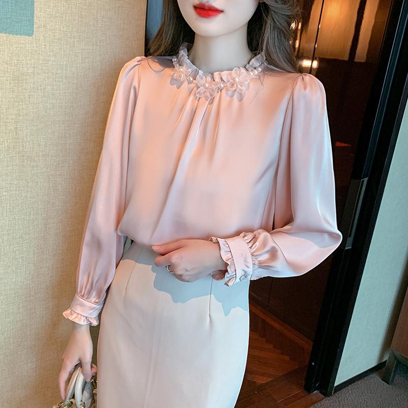 2025, nouă primăvară, elegante, bluze pentru femei, cămăși cu mâneci lungi, cu mărgele, cu gâtul O, bluză din șifon, cămașă pentru femei, topuri J773