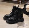 Cowhide Version, Shrinkage Horse Leather Fashionable Height Increase Thick Heel Thick Bottom Lace-up Side Zipper Martin Short Boots Women's New Autumn