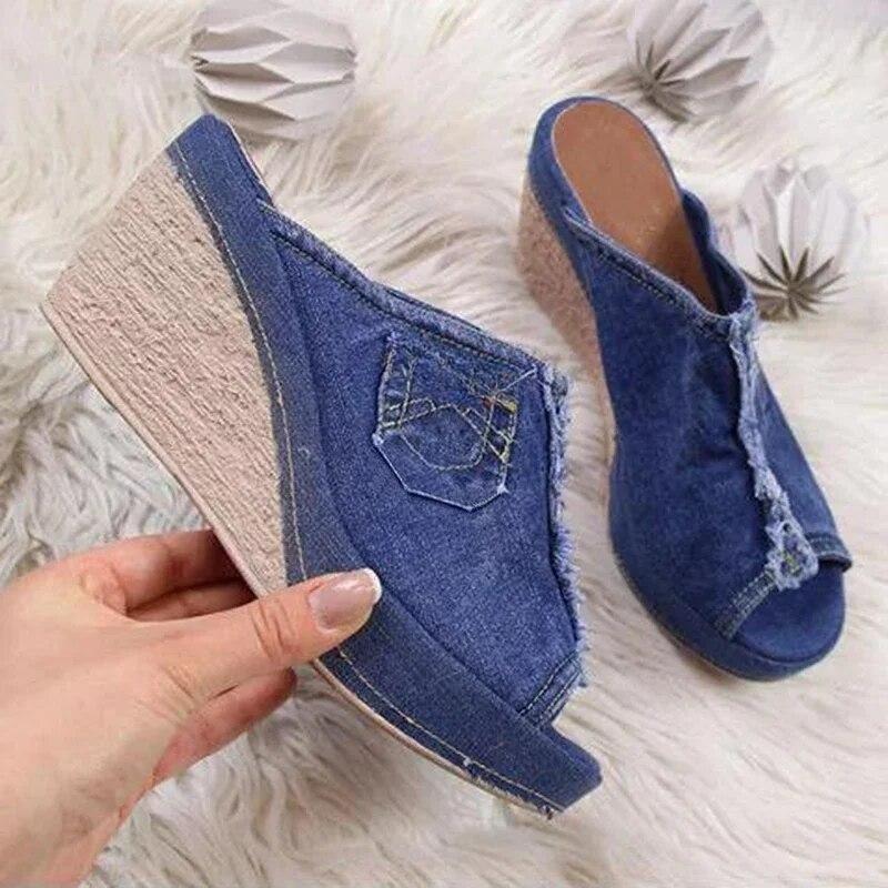 Sandali da Donna in Denim Pantofole Sandali con Zeppa Estivi Donna Bocca di Pesce Zeppe con Tacco Alto