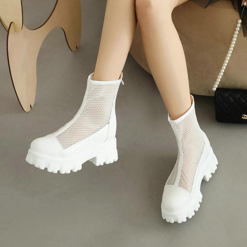 Women Ankle Boots Platform Chunky Heels Ladies Mesh Net Short Boots