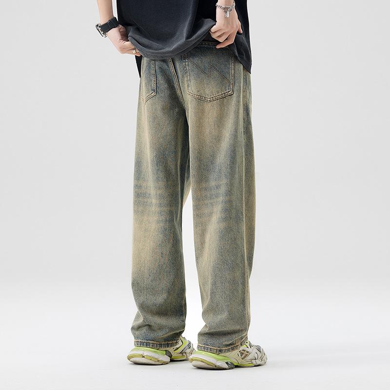 American Classic Style Washing and Old Yellow Mud Jeans Men and Womens Same Comfortable Fit Straight Wide-leg Trousers
