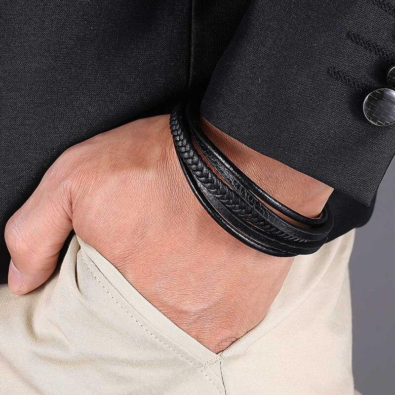 Punk Stainless Steel Multilayer Bracelets Genuine Leather Bracelet & Bangles For Men Jewelry Black Color Fashion Gift BB1002