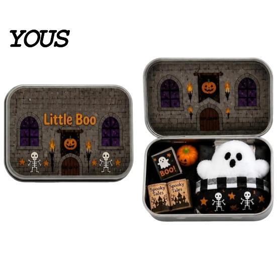 Kids Halloween Party Favor Mini Ghost Tin Box Set, Little Pocket Cute In A Box, Soft Plush Figurine Miniature Scene Spooky Desktop Decor, Gifts