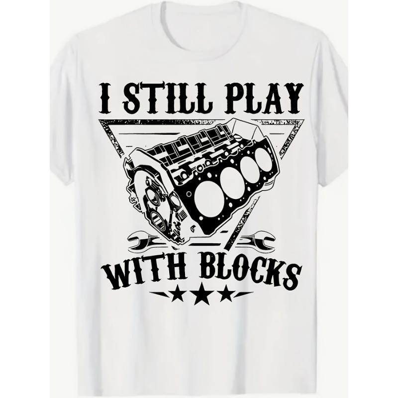 European Sizes Men's Black T-shirt, Eye-Catching "I'm Still Playing with Building Blocks" Pattern Printing