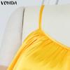 VONDA Summer Women Sleeveless Strap Solid Satin Casual Beach Loose Maxi Pleated Dress