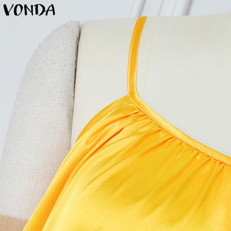 VONDA Summer Women Sleeveless Strap Solid Satin Casual Beach Loose Maxi Pleated Dress