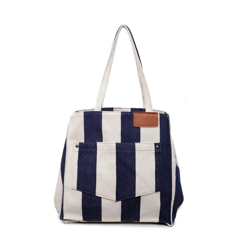 New Fashion Student Versatile Tote Bag Wide Stripe Canvas Bag Contrasting Color Large Capacity Portable Shoulder Bag Women