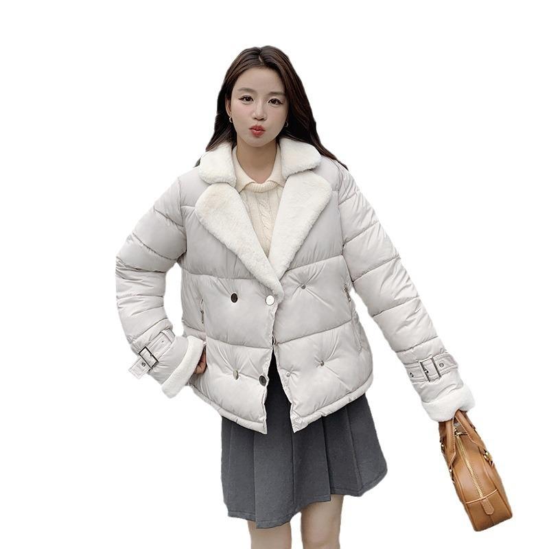 2025 Winter New Down Cotton Jacket Women's Ins Hong Kong Style Thickened Padded Jacket Short Loose Lambswool Cotton Jacket