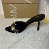 ZA2025 Black Gold Flower Embellished Round Toe Backless Stiletto Heel Sandals for Women