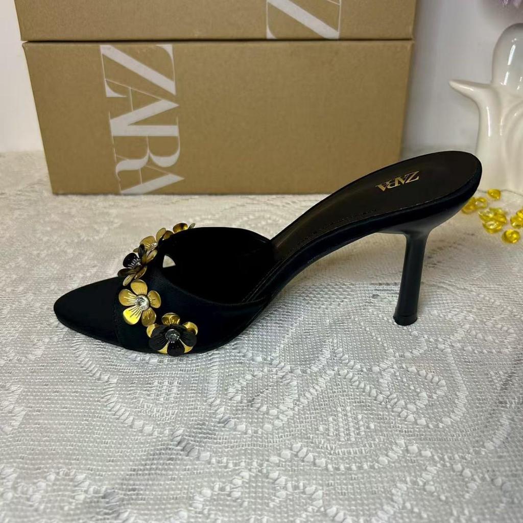 ZA2025 Black Gold Flower Embellished Round Toe Backless Stiletto Heel Sandals for Women