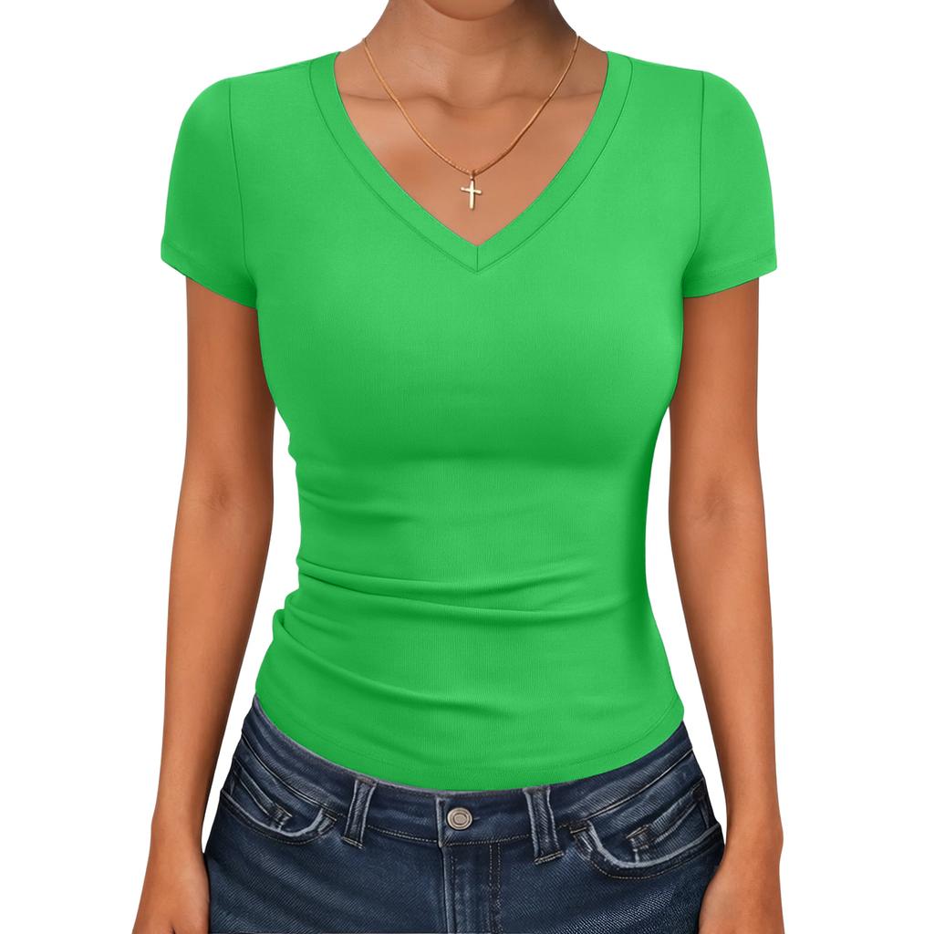 Damen Slim-Fit V-Ausschnitt Kurzarm T-Shirt Top