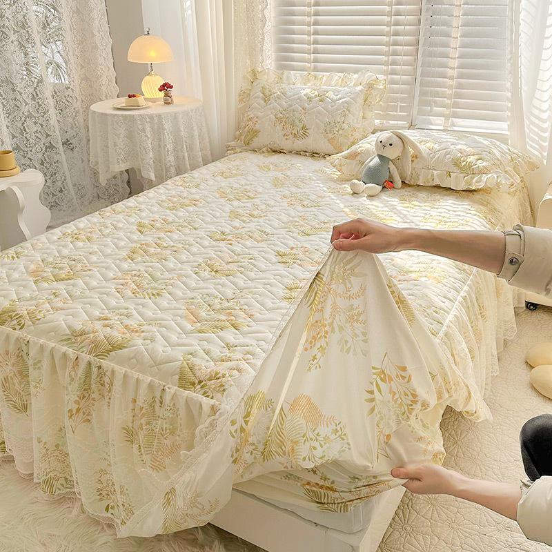 Sábana ajustable acolchada dos en uno, falda de cama, colcha antideslizante de encaje, Funda de colchón