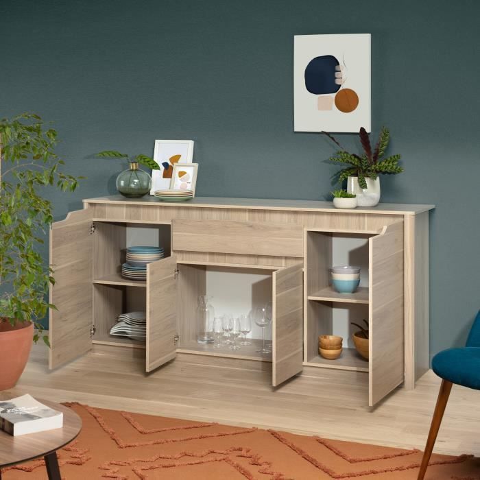 Buffet Bas BETTY - Chêne Dakota - 4 Portes, 1 Tiroir - 185 X 46 X 85,5 Cm