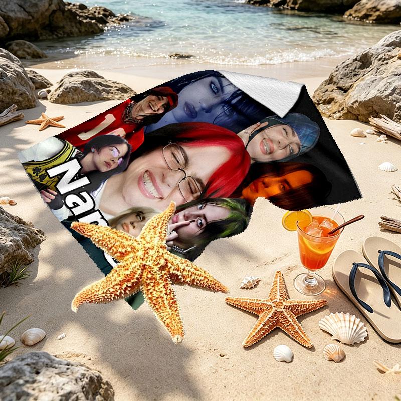 Custom Name Personalized Billie Eilish Print Beach Towel, for Trip Camping Beach Party Home Decor, Birthday Gift for Family & Friends
