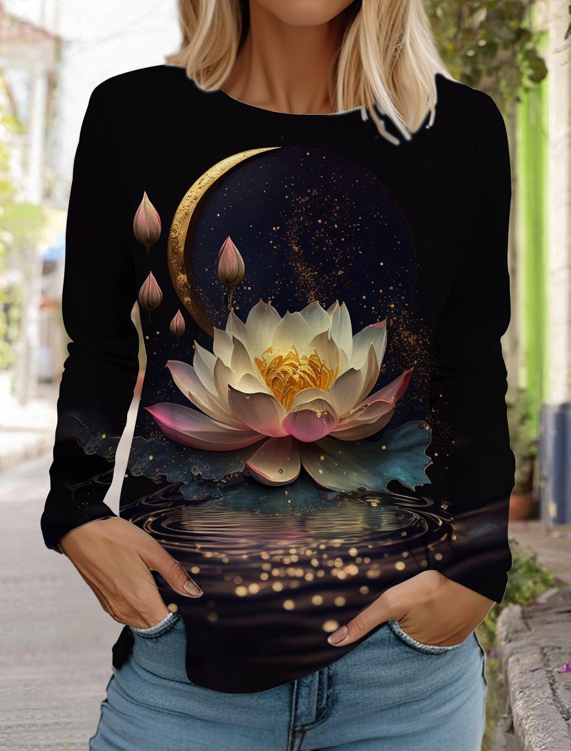 

2024 женская мода ретро топы с длинным рукавом круглый вырез пуловер повседневная футболка с длинным рукавом новая футболка с принтом лотоса 3D XXXL