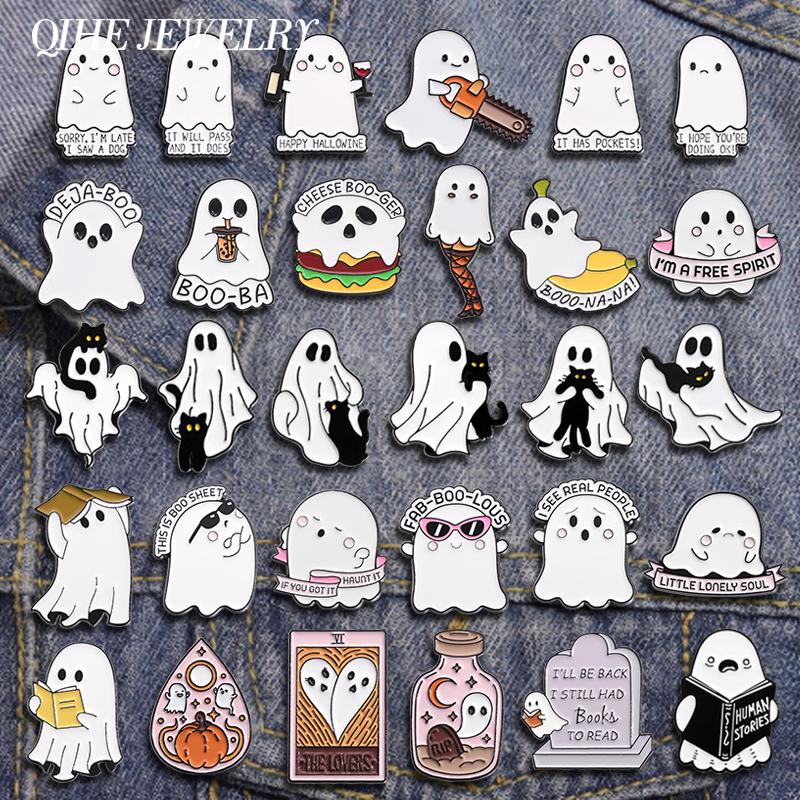 Halloween Punk Ghost Collected Enamel Pin Custom Spooky Boo With Black Cat Brooches Clothes Lapel Badge Jewelry Gift for Friends