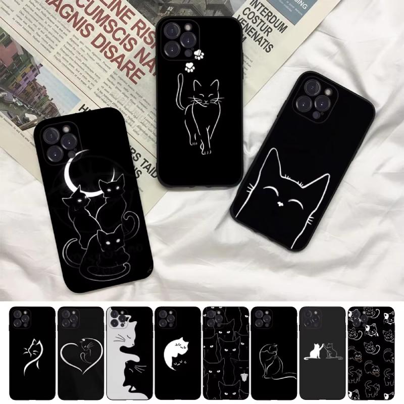 Cartoon Black Cat Line Phone Case For iPhone 15 11 12 14 13 Pro Max Mini XSM XR SE 7 8 Plus Cute Kitten Mobile Phone Cover Funda