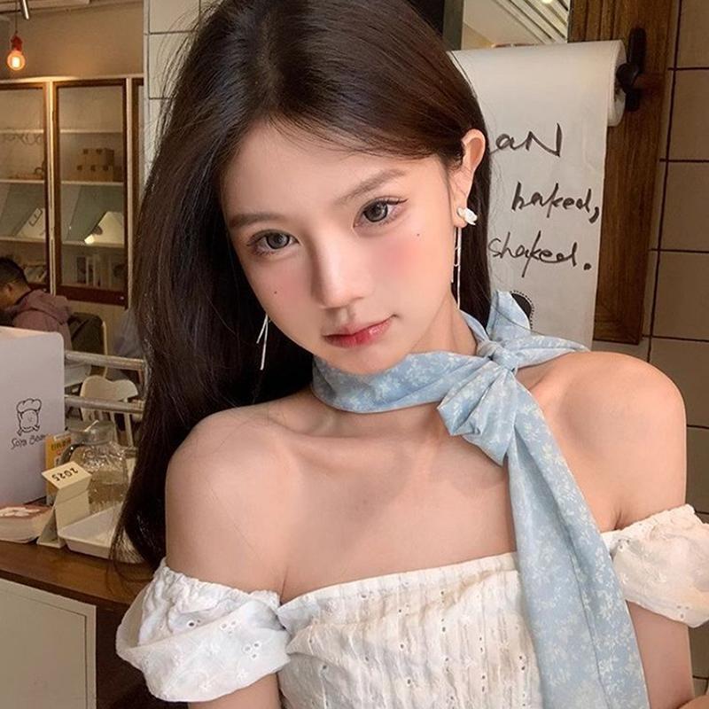 

Elegant Rose Flower Long Satin Scarf Soft Pure Color Chiffon Neckerchief Collar Decoration Kerchief Chiffon Scarves