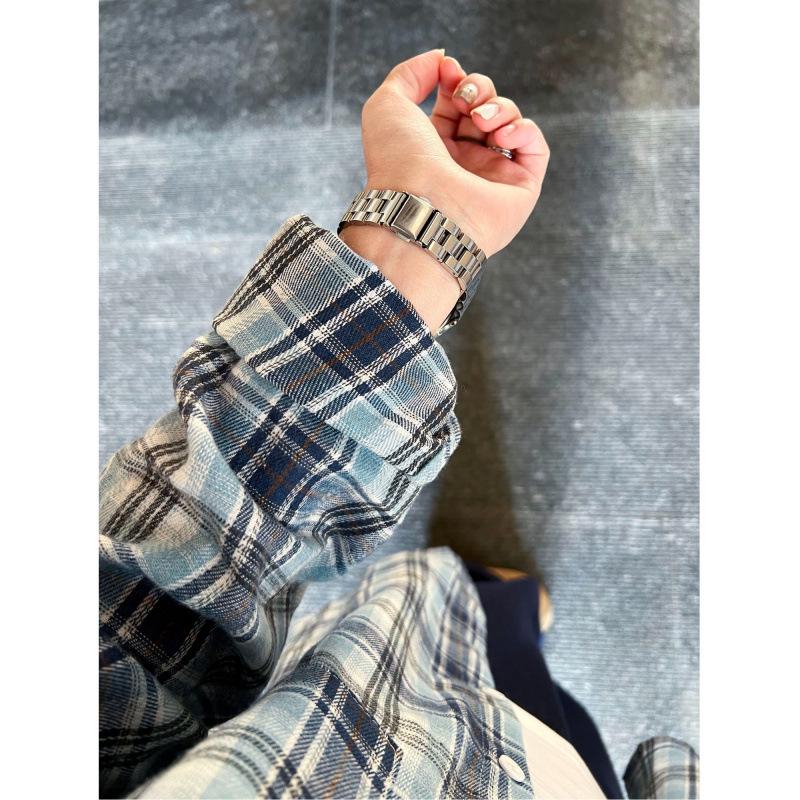 Man Jiang Yue Women's Retro Blue Plaid Shirt - Early Spring Chic Design, Casual Brushed Cardigan Jacket