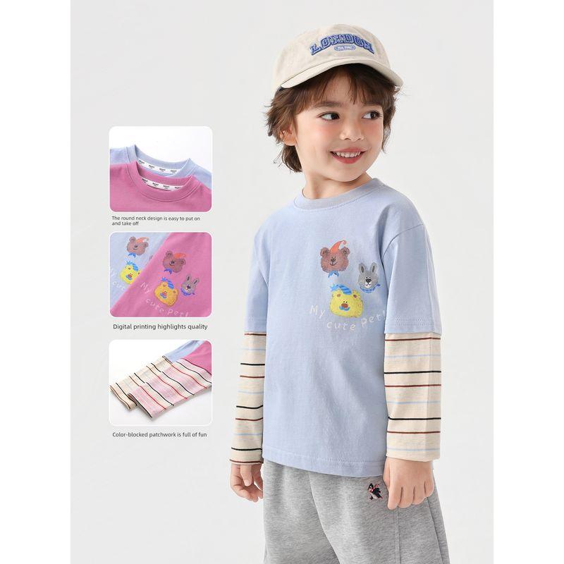 Right European Style Boys' Cartoon Fake Two-Piece Long-Sleeve T-Shirt Children's Spring Top 2026 New Children's Clothing Baby Base Shirt
