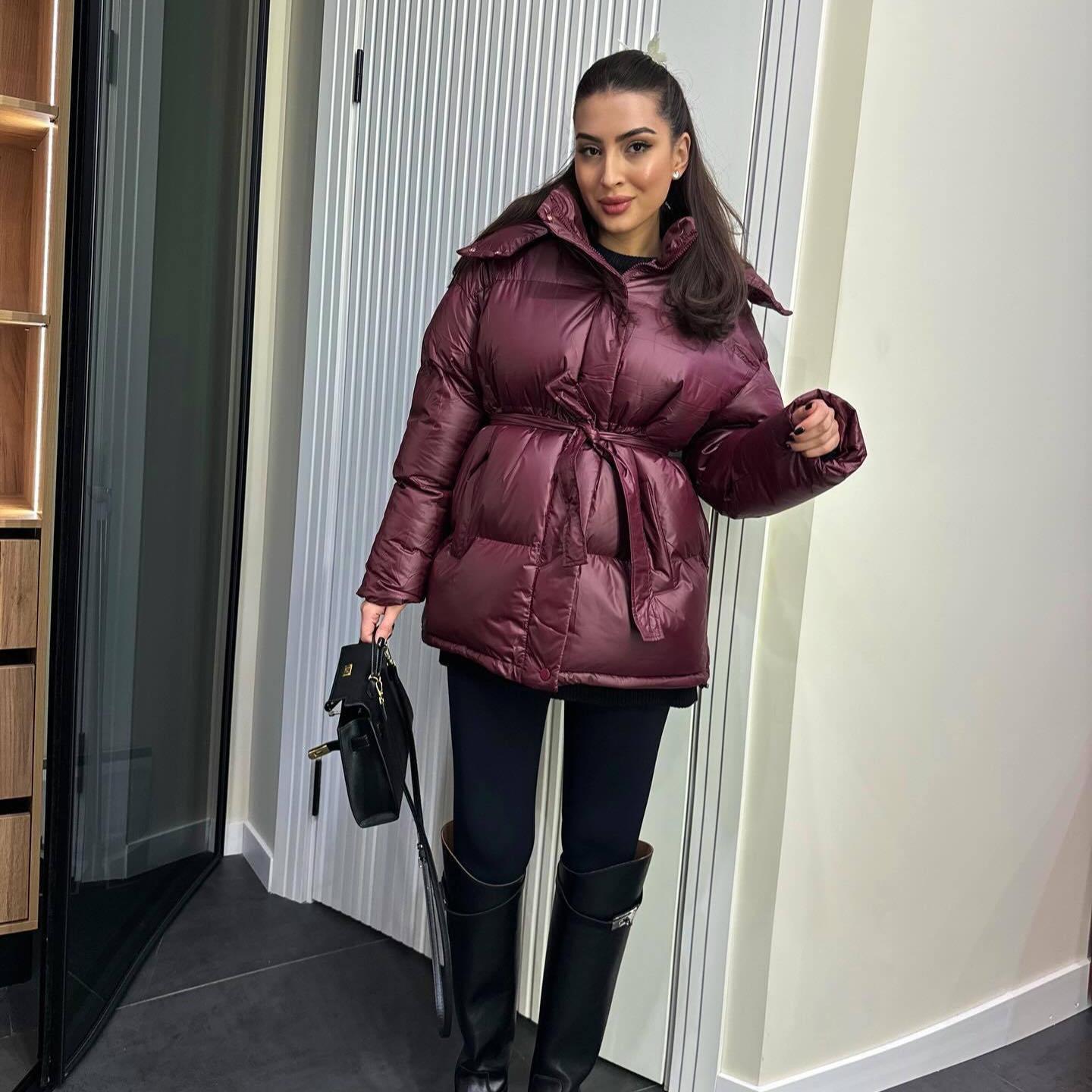 

2024 Autumn/Winter Women s Solid Color Shiny Hooded Warm Cotton Coat XXXL