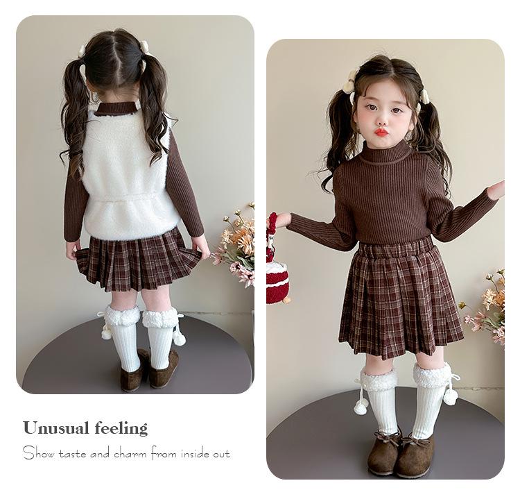 Girls' Fashionable 2025 Autumn/Winter Fur Vest & Knitted Sweater with Pleated Skirt Set