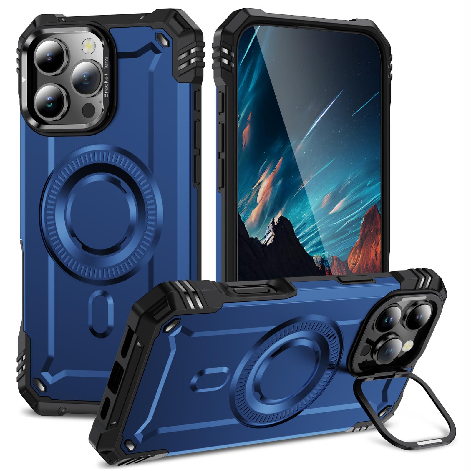 

For iPhone 16 Pro Case Compatible with MagSafe Metal Lens Frame Kickstand PC+TPU Mobile Cover F