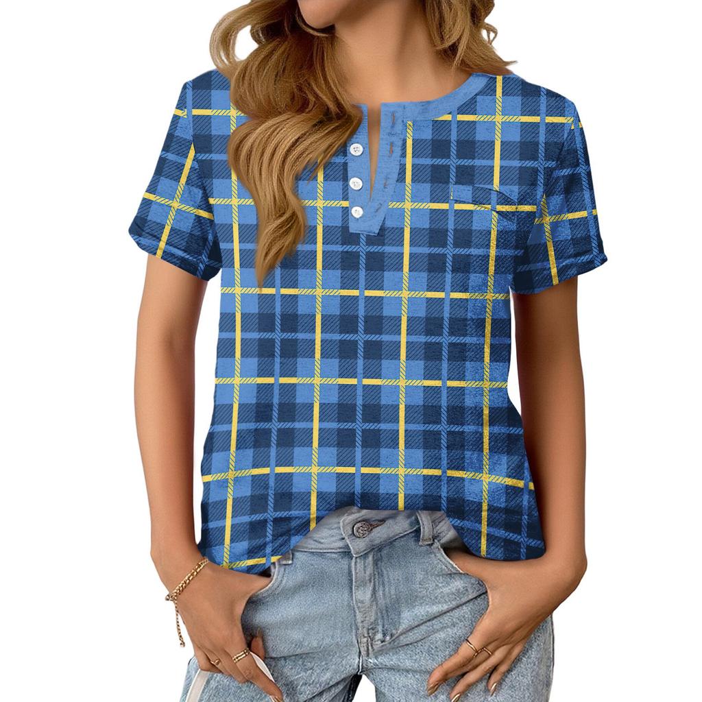 Modisches Lässiges Sommer-Karomuster V-Ausschnitt Knopf Kurzarm-Oberteil für Damen