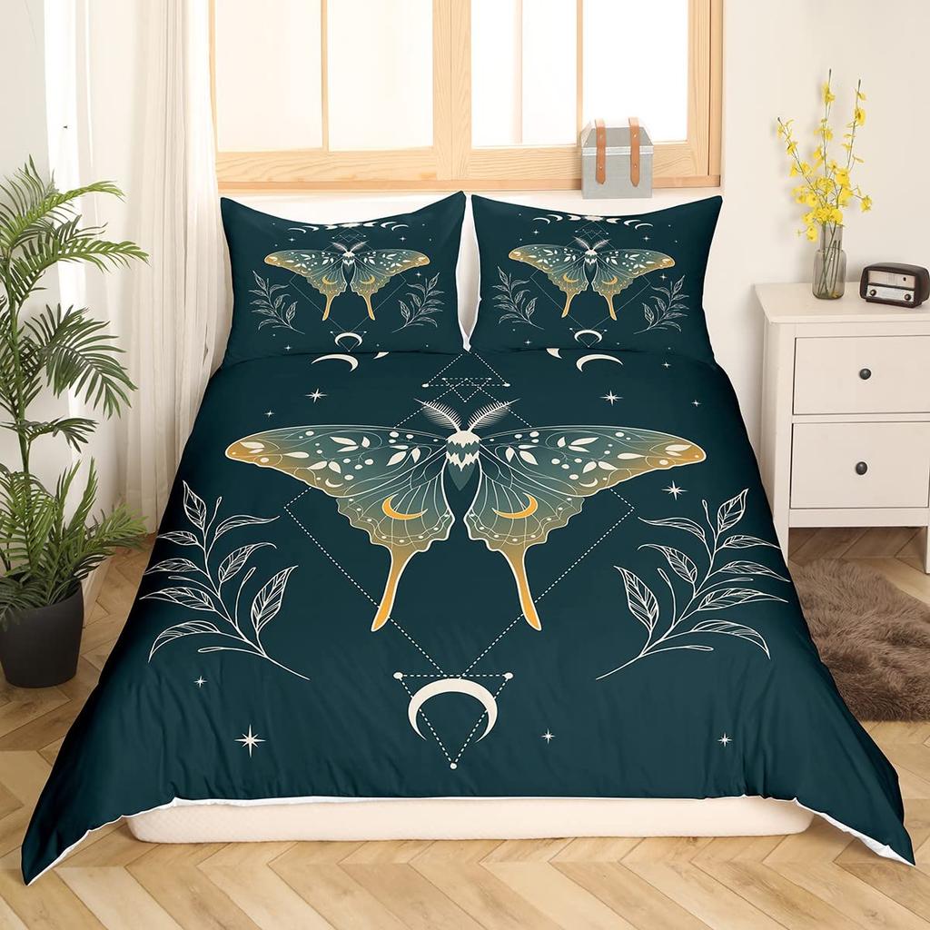 Grün Farbverlauf Totenkopfschwärmer Bettbezug Schmetterling Tier Tierkreiszeichen Galaxie Bettwäsche für Jungen Mädchen Gothic Motte Skelett Boho Raumdekor