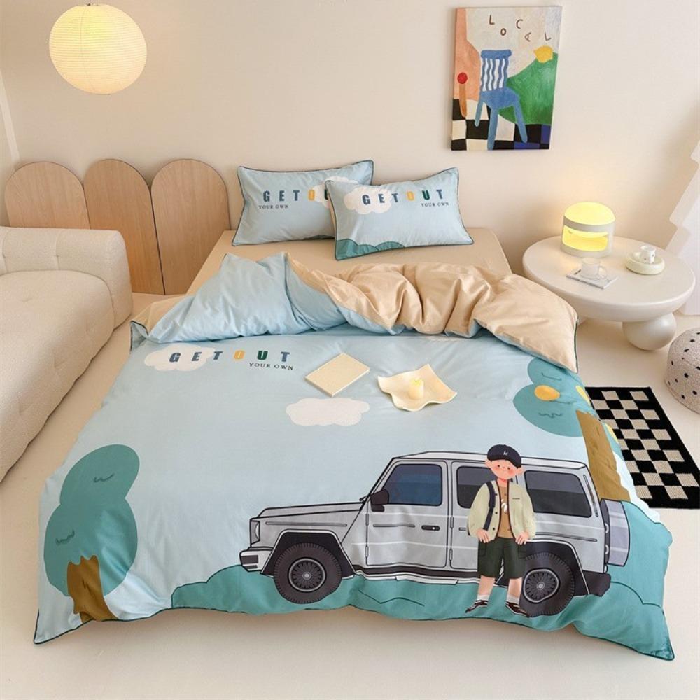 Cartoon Car  Motif,Microfibre Bedding Sets, Children's Bed Decor Duvet Cover for Teenagers Adult 3-Piece  with Zip Room Decor
