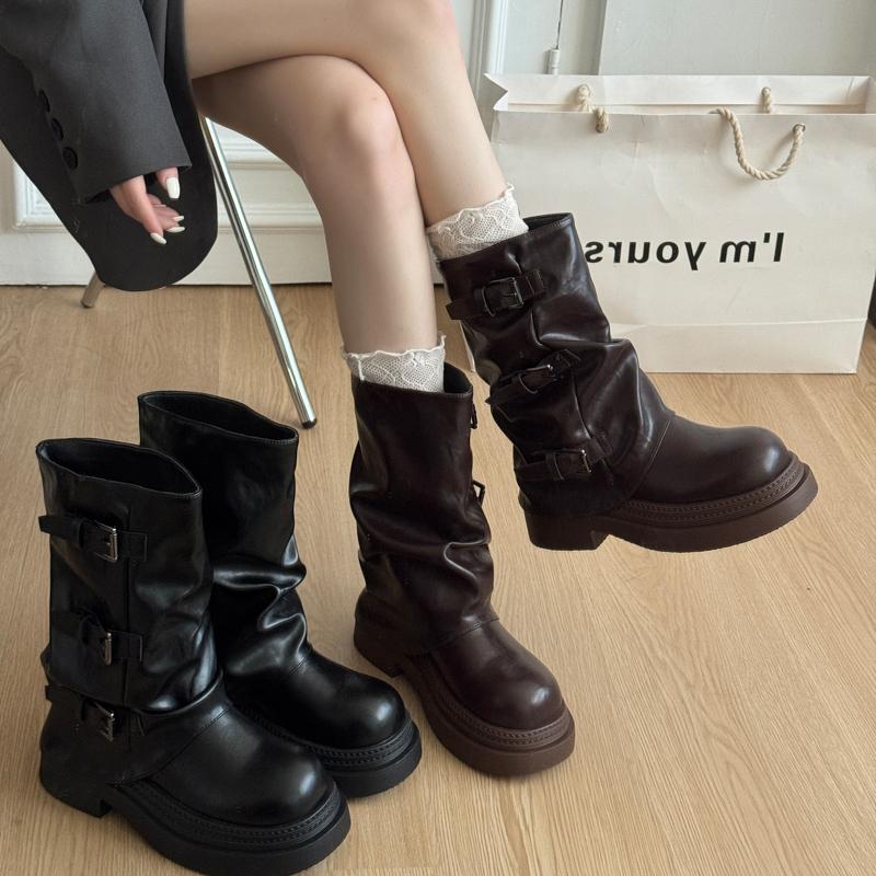 Fashion Retro Women Pleated Pipe Thick Heel Autumn Winter Belt Buckle Mid Calf Booties for Adult Women
