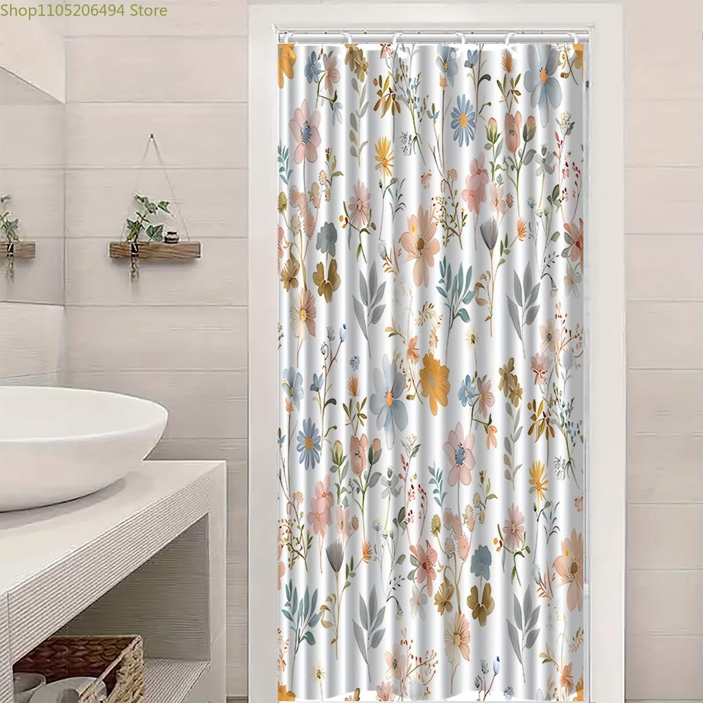 1pc Floral Pattern Printed Shower Curtain, Suitable for Home Bathroom Decoration, Easy Installation, with 12 Hooks Polyester F