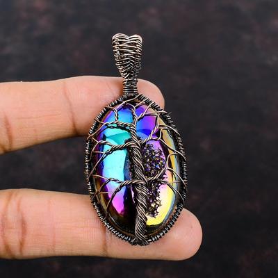 Pendentif Druzy Titane Arbre de Vie Pendentif Enveloppé de Fil de Cuivre Bijou en Pierre Précieuse Pour Cadeau Bijou en Fil de Cuivre Pendentif Fait Main Pendentif Femme