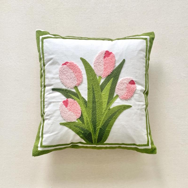 Pure Cotton Embroidery Tulip Spring Throw Pillow Covers Outdoor Patio Cushion Cover Pillow Cases Summer Garden Decorations Home