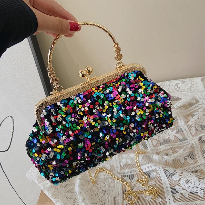 New Versatile Metal Hand-held Sequined Small Bag Women's Shiny Shoulder Bag Fashionable Texture Messenger Small Square Bag