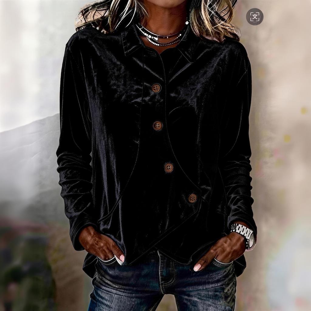 Women's Vintage Velvet Blouse with Lapel Collar and Irregular Buttons Casual Fashion Top
