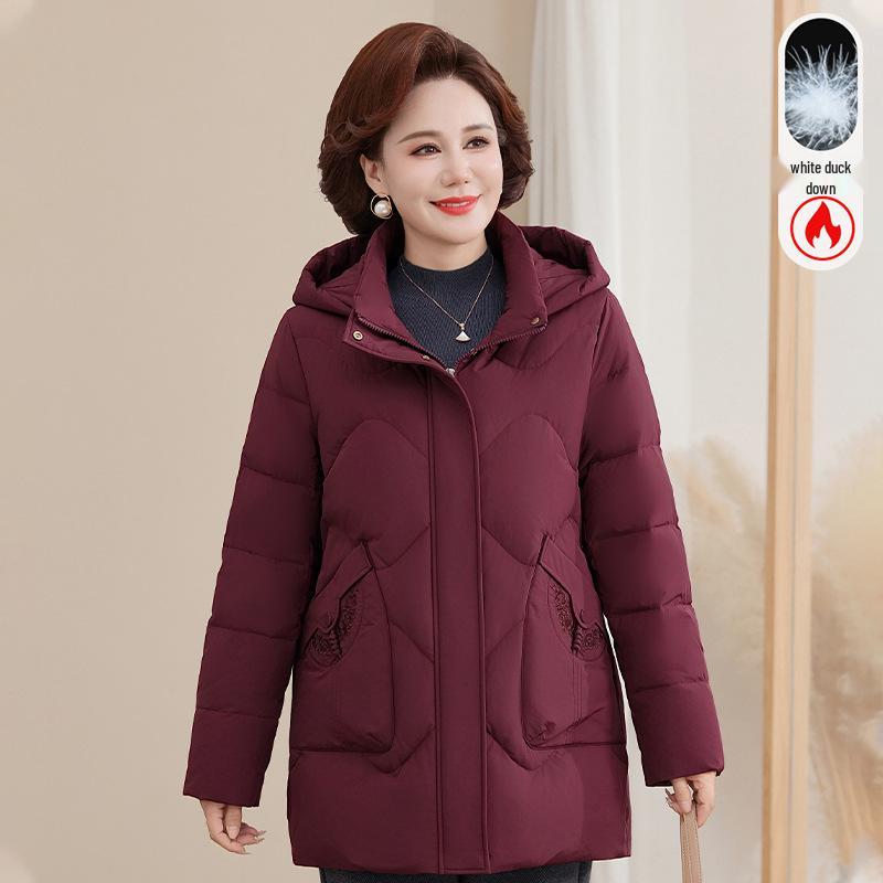 

Mid-aged Women s Hooded Winter Down Jacket - Solid Color, Warm White Duck Down Coat for Middle-aged and Elderly. 5XL (135-150 catty) красный/фиолетовый