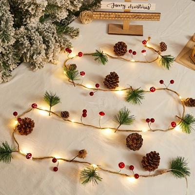 Christmas Decorative String Lights with Greenery, Pinecones, and Mushrooms - 20 LED PVC Outdoor Lights for Office, Room, Wedding, Home Wall Decor