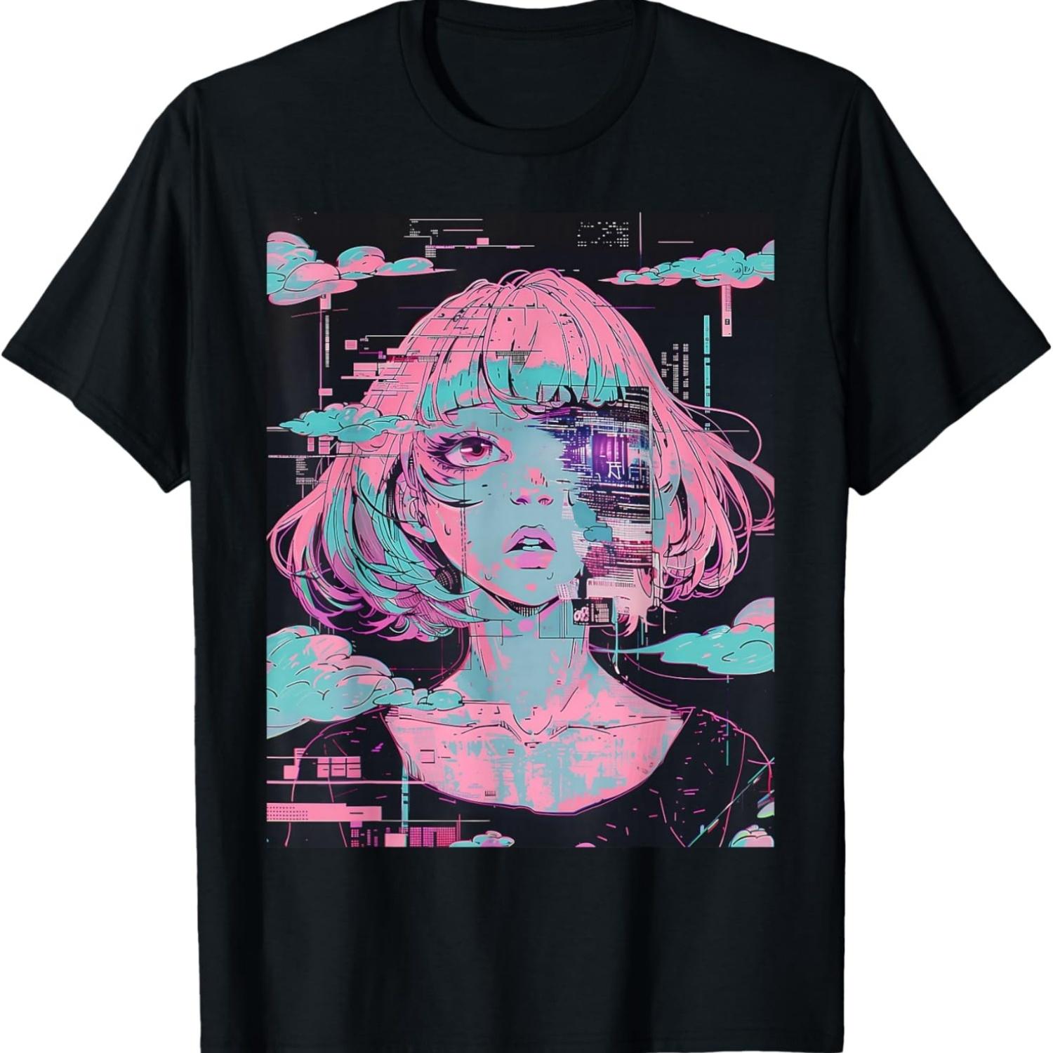 Anime Girl Vaporwave Glitchcore Pastel Goth Distressed T-Shirt S чёрный