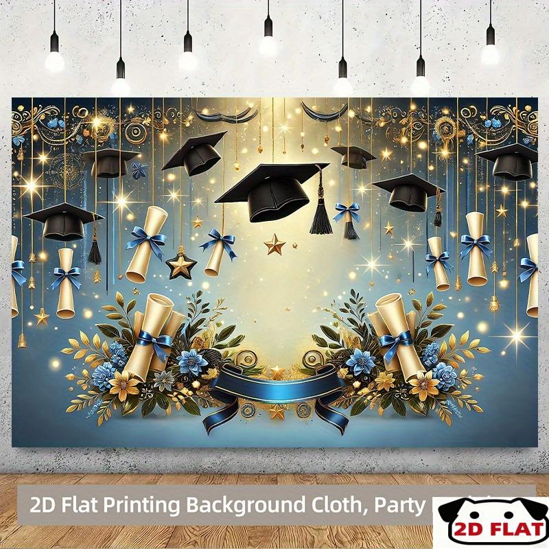 2D Flat one banner graduation celebration theme - featuring gold tassels graduation caps stars and blue ribbons elements